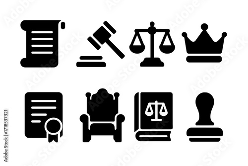 Royal Governance Icons. Solid, filled icon set of king?s laws and governance: scroll, gavel, scales of justice, crown, royal decree, throne, book of laws, seal