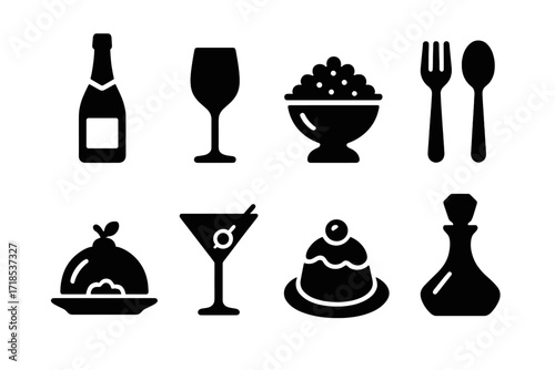 Luxury Dining Icons. Solid, filled icon set of luxury dining and drinks: champagne bottle, wine glass, caviar, gold cutlery, gourmet dish, cocktail glass,
