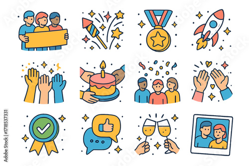 Team Celebration Icons. Colorful isometric vector icons set of team achievements and celebrations: group holding banner, fireworks and stars, success medal,