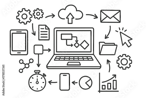 Digital Workflow Doodles. Hand-drawn doodle illustration Digital workflow laptop, tablet, smartphone, cloud, arrows, gears, flowchart, cursor, document,