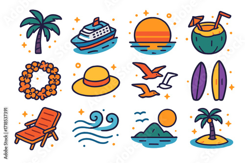 Tropical Cruise Icons. Colorful isometric vector icons set of tropical sunset cruises: palm tree silhouette, cruise ship, glowing sunset, orange sky, chilled