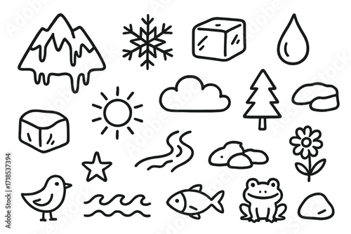 Glacier Melt Icons. Hand-drawn doodle illustration glacier melt mountain, snowflake, ice block, water droplet, river, sun, cloud, tree, rock, fish, frog,