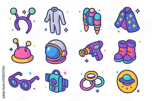 Space Party Icons. Colorful isometric vector icons set of space-themed party guests: alien headband, silver jumpsuit, jetpack prop, starry cape, antenna hat,