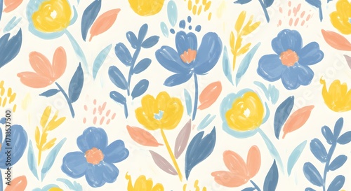 A charming, hand-painted floral pattern featuring a variety of stylized flowers and leaves in soft pastel colors, creating a cheerful and whimsical design.