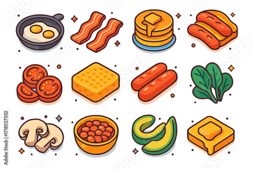 Breakfast Icons Collection. Colorful isometric vector icons set of breakfast in a frying pan: sunny side up eggs, bacon strips, pancake stack, fried tomato