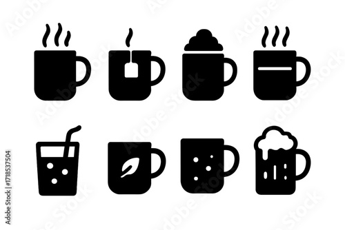 Beverage Icon Grid. Solid, filled icon set of mug contents: hot coffee, tea with lemon, hot chocolate, latte, cappuccino, iced coffee, herbal tea, beer foam.