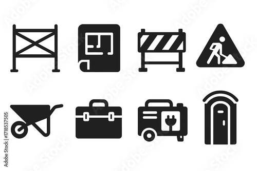 Construction Icon Set. Solid, filled icon set of construction site elements: scaffolding, blueprint, barrier fence, construction sign, wheelbarrow, toolbox,