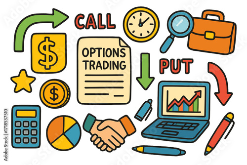Colorful Trading Doodles. Colorful Hand-drawn doodle Children illustration Options trading [contract paper, call option arrow, put option arrow, dollar sign,