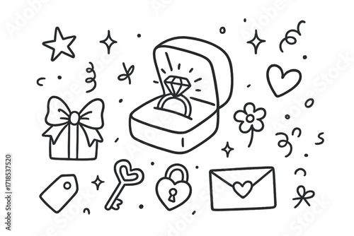 Jewelry Box Doodle. Hand-drawn doodle illustration Diamond ring box [ring, diamond, jewelry box, sparkle, star, ribbon, bow, flower, heart, swirl, confetti,