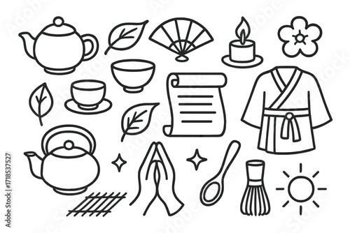 Tea Ceremony Icons. Hand-drawn doodle illustration tea ceremony teapot, cup, bowl, leaf, fan, candle, flower, scroll, mat, robe, hand gesture, star, spoon,