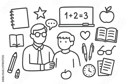 Teacher's Mentorship Icons. Hand-drawn doodle illustration teacher mentorship teacher figure, student figure, notebook, chalkboard, apple, star, heart, speech