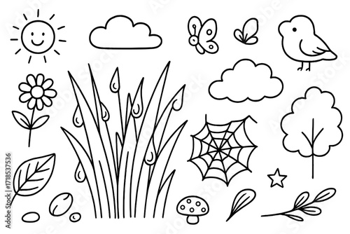 Morning Dew Doodles. Hand-drawn doodle illustration Morning dew on grass [dew drops, grass blades, leaf, flower, sun, cloud, butterfly, spider web, tree, bird,