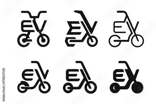 EV Scooter Logo Variations. Electric Vehicles. Set Logo of Electric Vehicles: EV scooter. harmonious logo variations of the same emblematic concept, each with