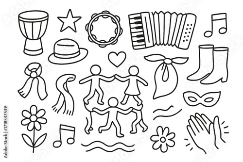 Folk Dance Icons. Hand-drawn doodle illustration Traditional folk dance drum, tambourine, accordion, scarf, hat, boots, star, heart, ribbon, music note, circle