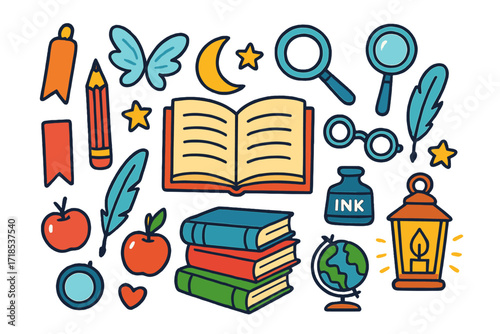 Whimsical Book Icons. Colorful Hand-drawn doodle Children illustration Book illustrations open book, bookmark, pencil, magnifying glass, reading glasses, ink