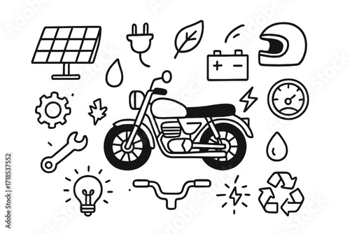 Eco Motorcycle Doodle Icons. Hand-drawn doodle illustration Solar-powered motorcycle accessories [solar panel, plug, battery, motorcycle, eco leaf, helmet,