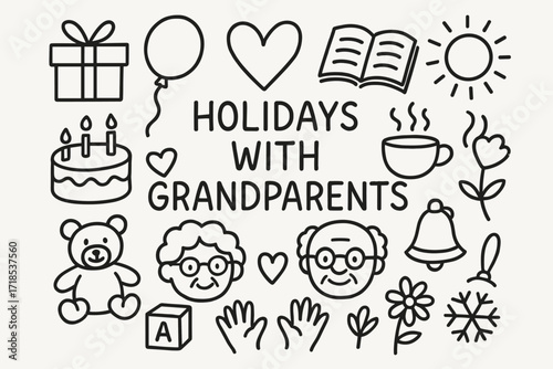 Holiday Celebration Doodles. Hand-drawn doodle illustration celebrating holidays with grandparents gift box, cake, balloon, heart, star, candle, cup, book,
