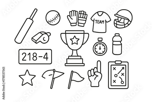 Cricket Icons Doodle. Hand-drawn doodle illustration cricket team activity cricket bat, ball, stumps, gloves, helmet, jersey, scoreboard, whistle, trophy,