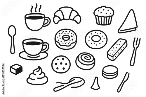 Coffee and Pastry Doodles. Hand-drawn doodle illustration [Coffee and pastry pairing] [coffee cup, croissant, muffin, teacup, donut, bagel, cookie, cinnamon