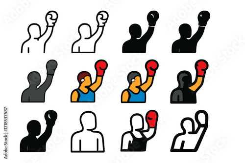 Boxer Victory Logos. Set Logo of Fighter Victory: boxer raising hand. Logo set in vector style, emblematic variations. line, bold thick line, solid black