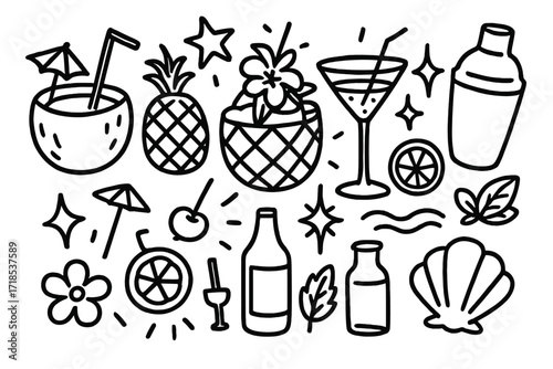Tropical Cocktail Doodle. Hand-drawn doodle illustration Exotic glowing cocktails [coconut drink, pineapple, cocktail glass, shaker, umbrella, straw, cherry,