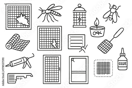 Insect Prevention Icons. Hand-drawn doodle illustration Insect prevention torn screen, mosquito, fly, window net, sealed frame, bug zapper, citronella candle,