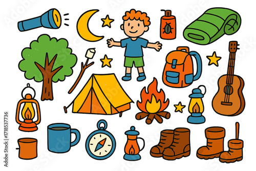Children's Camping Adventure. Colorful Hand-drawn doodle Children illustration Camping Vacation tent, campfire, marshmallow stick, flashlight, moon, sleeping