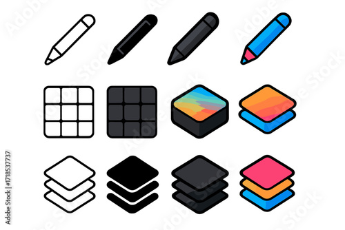 Isometric Icon Set. Icon Set of Digital Illustration Palette: Tablet stylus, Gradient mesh, Layer palette. Icons set in vector style, emblematic variations.