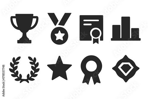 Achievement Icons Grid. Solid, filled icon set of magnate achievements: trophy, medal, certificate, podium, laurel wreath, star, ribbon, diamond badge. Solid,