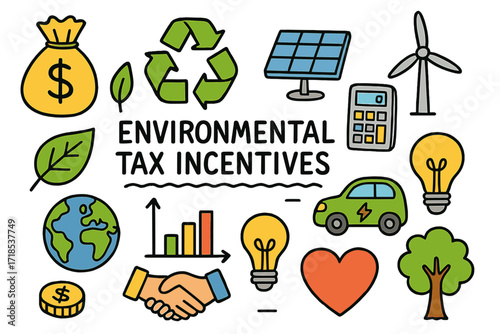 Eco-Friendly Icons. Environmental tax incentives. Colorful Hand-drawn doodle Children illustration money bag, leaf, recycling symbol, solar panel, wind