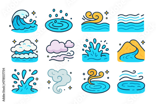 Water and Wind Icons. Colorful isometric vector icons set of Water and Wind Interaction: wave spray, rain-driven ripple, ocean gust wave, lake breeze pattern,