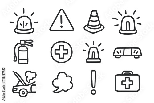 Emergency Doodle Icons. Hand-drawn doodle illustration emergency vehicle lights siren, flashing light, warning icon, triangle, cone, hazard light, beacon, fire
