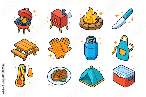 Outdoor Cooking Icons. Colorful isometric vector icons set of Outdoor Steak Cooking: barbecue grill, smoker box, fire pit, steak knife, picnic table, grill