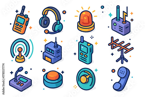 Radio Communication Icons. Colorful isometric vector icons set of radio communication tools: walkie-talkie, headset with mic, emergency beacon,