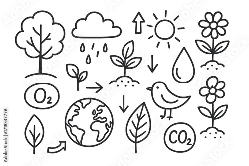 Nature's Elements Doodles. Plant and environment. Hand-drawn doodle illustration plant and environment tree, plant, flower, cloud, sun, rain, water droplet,