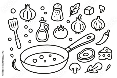 Frying Pan Essentials. Hand-drawn doodle illustration Frying Pan and Ingredients frying pan, onion, pepper, garlic, tomato, mushroom, oil bottle, spatula,