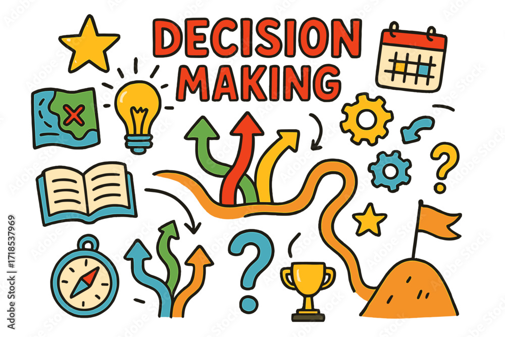 Obraz premium Decision-Making Doodle Art. Decision Making. Colorful Hand-drawn doodle Children illustration Decision Making compass, map, arrows, lightbulb, book, calendar,
