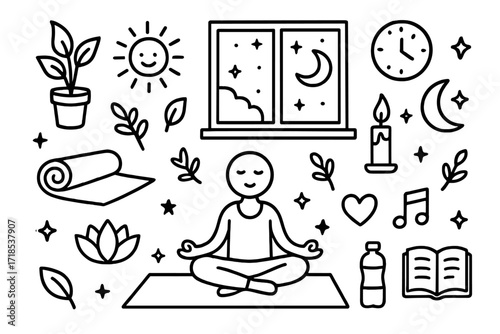 Yoga Studio Doodle. Hand-drawn doodle illustration yoga studio with a view yoga mat, plant, sun, moon, window, star, candle, lotus flower, person in yoga pose,