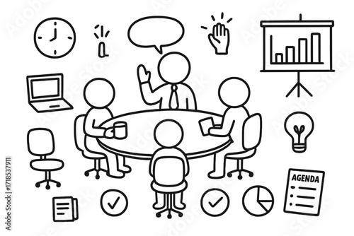 Meeting Leadership Doodle. Hand-drawn doodle illustration [Leader in a meeting] [leader figure, round table, team members, speech bubble, laptop, notepad,