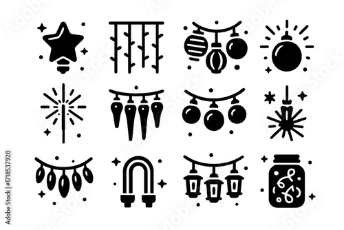 Festive Icon Set. Festive lights. Solid icons set of festive lights: star bulb, curtain lights, paper lantern string, glowing bauble, sparkler, icicle lights,