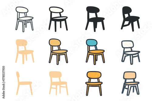 Chair Logo Variations. Set Logo of Wooden Chair: Art deco accent chair. Logo set in vector style, emblematic variations. line, bold thick line, solid black