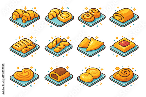 Pastry Icon Collection. Colorful isometric vector icons set of Pastries on Tray: croissants, danishes, cinnamon rolls, pain au chocolat, strudels, puff pastry