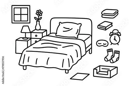 Cozy Bedroom Doodles. Hand-drawn doodle illustration [Freshly made bed] [fluffed pillow, smooth blanket, headboard, neat sheet, comforter, nightstand, vase