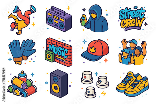 Graffiti Culture Icons. Colorful isometric vector icons set of graffiti culture elements: breakdancer, boombox, hoodie artist, street crew logo, tagging