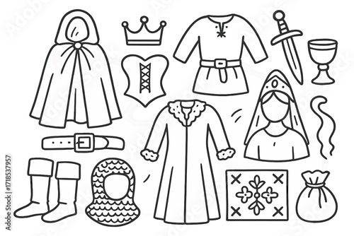 Medieval Clothing Icons. Hand-drawn doodle illustration Medieval clothing style [cloak, crown, sword, corset, tunic, goblet, belt, robe, fur trim, headdress,
