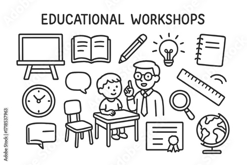 Educational Workshop Doodles. Hand-drawn doodle illustration Educational workshops [chalkboard, book, pencil, notepad, teacher, student, desk, chair, light