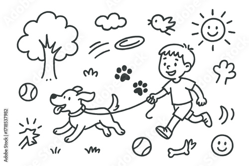 Outdoor Pet Playtime. Hand-drawn doodle illustration Outdoor fun with pets child, dog, leash, running feet, ball, frisbee, park tree, cloud, bird, pet treat,