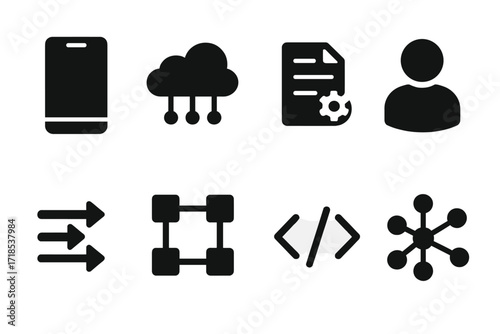 dApps Icon Set. Solid, filled icon set of decentralized applications (dApps): smartphone, cloud network, smart contract, user profile, data flow, blockchain