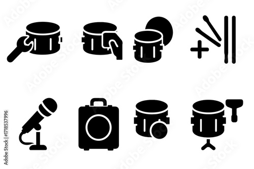 Percussion Maintenance Icons. Solid, filled icon set of percussion maintenance: tuning, cleaning, head replacement, stick replacement, microphone setup, case