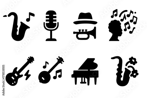 Jazz Icons Collection. Solid, filled icon set of jazz styles: bebop, swing, cool jazz, free jazz, fusion, dixieland, hard bop, acid jazz. Solid, filled icons